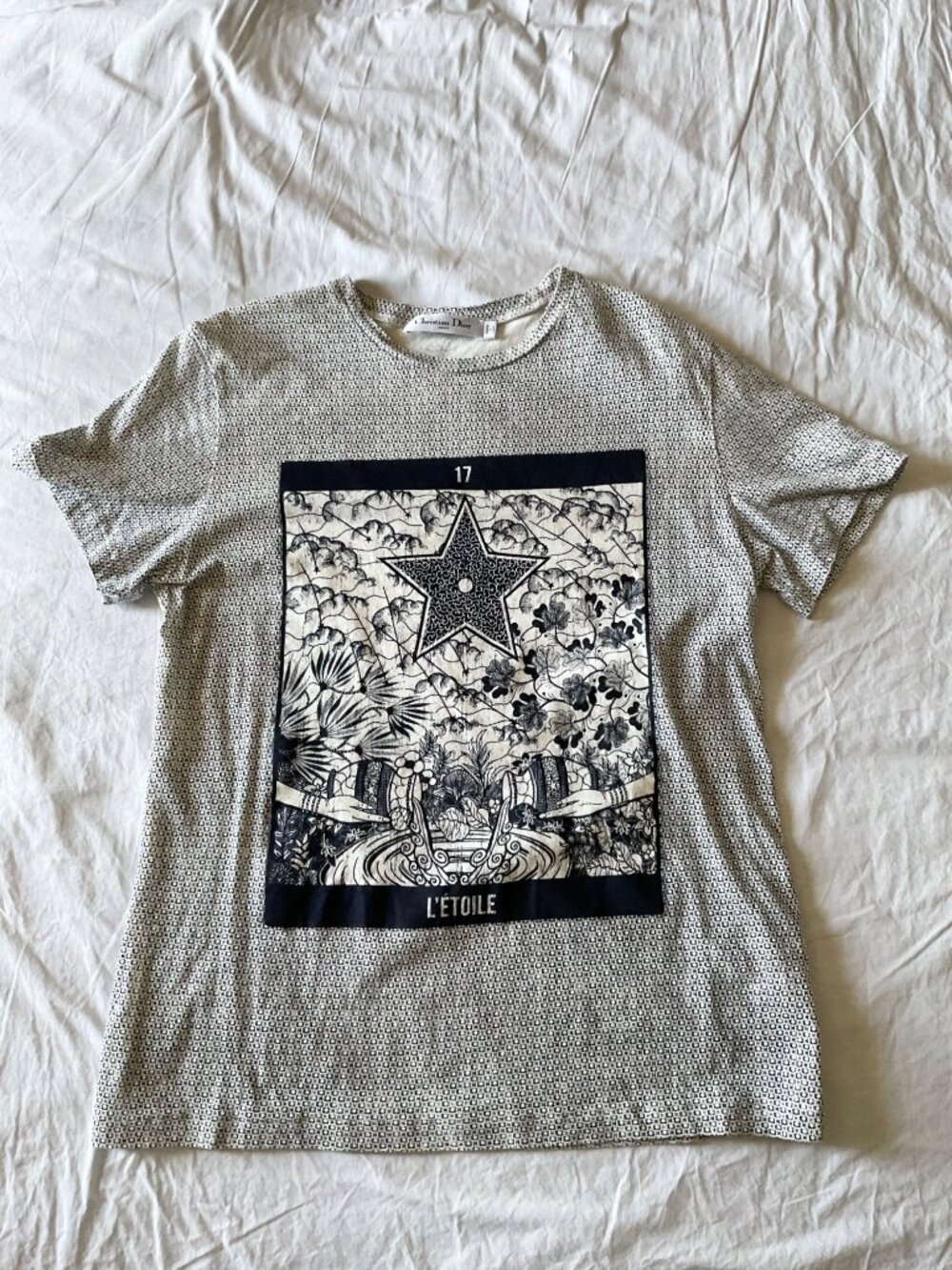 RARE Authentic Christian Dior star floral T-Shirt linen navy Blue/White L bust38